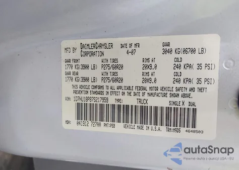 2007 Dodge Ram 1500 Slt/Trx4 Off Road/Sport z USA, uszkodzony, nr VIN 1D7HU18P87S217959